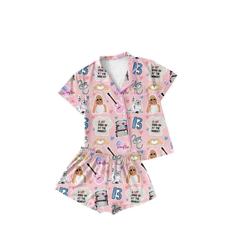 Baby Girls Pink Short Sleeves Singer Button Down Top Shorts Pajamas Set Preorder