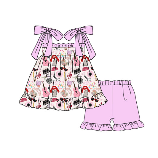 Baby Girls Lavender Strap Guitars Print Singer Tunic Ruffle Shorts Set Preorder