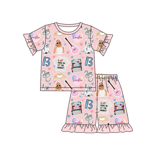 Baby Girls Peach Short Ruffle Sleeves Guitars Print Singer Top Shorts Pajamas Set Preorder