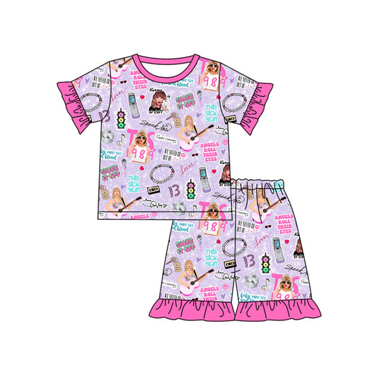 Baby Girls Pink Short Ruffle Sleeves Guitars Print Singer Top Shorts Pajamas Set Preorder