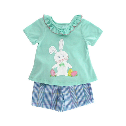 Baby Girls Aqua Short Sleeves Bunny Print Top Blue Plaid Shorts Easter Set Preorder