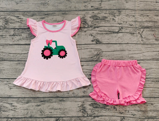 Baby Girls Pink Stripe Flutter Sleeves Embroidery Truck Print Top Ruffle Shorts Farm Set Preorder