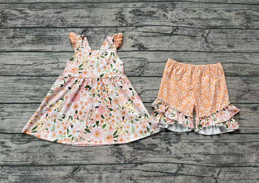 Baby Girls Peach Flutter Sleeves Floral Print Tunic Ruffle Shorts Set Preorder