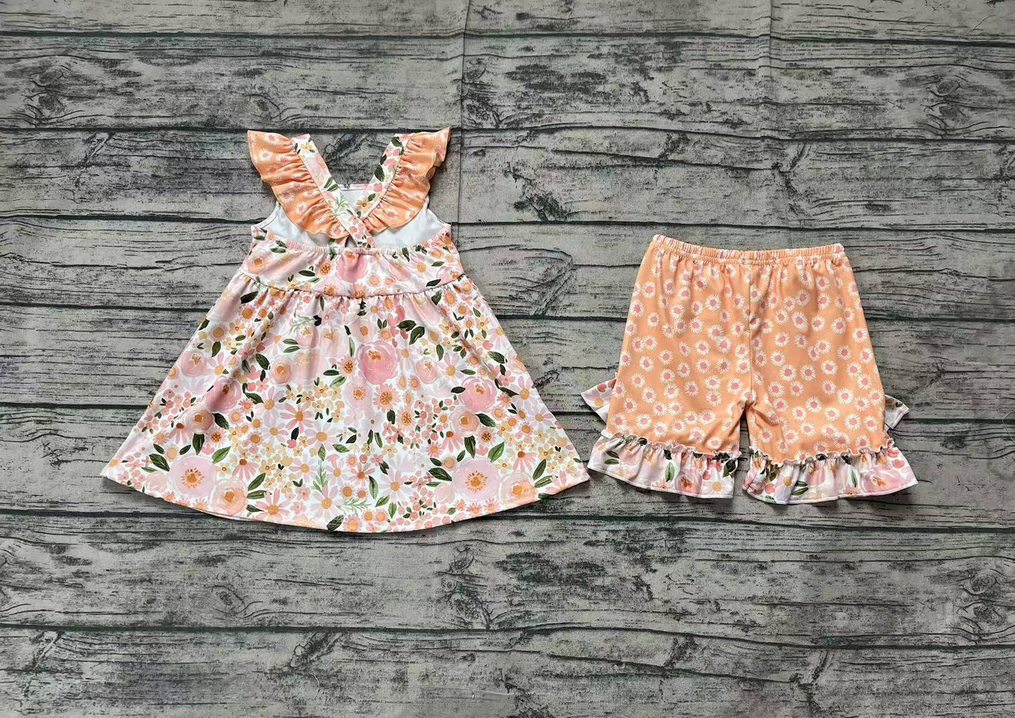 Baby Girls Peach Flutter Sleeves Floral Print Tunic Ruffle Shorts Set Preorder