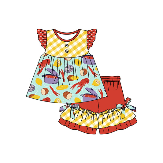 Baby Girls Red Polka Dots Flutter Sleeves Crayfishes Corn Print Tunic Ruffle Shorts Mardi Gras Set Preorder