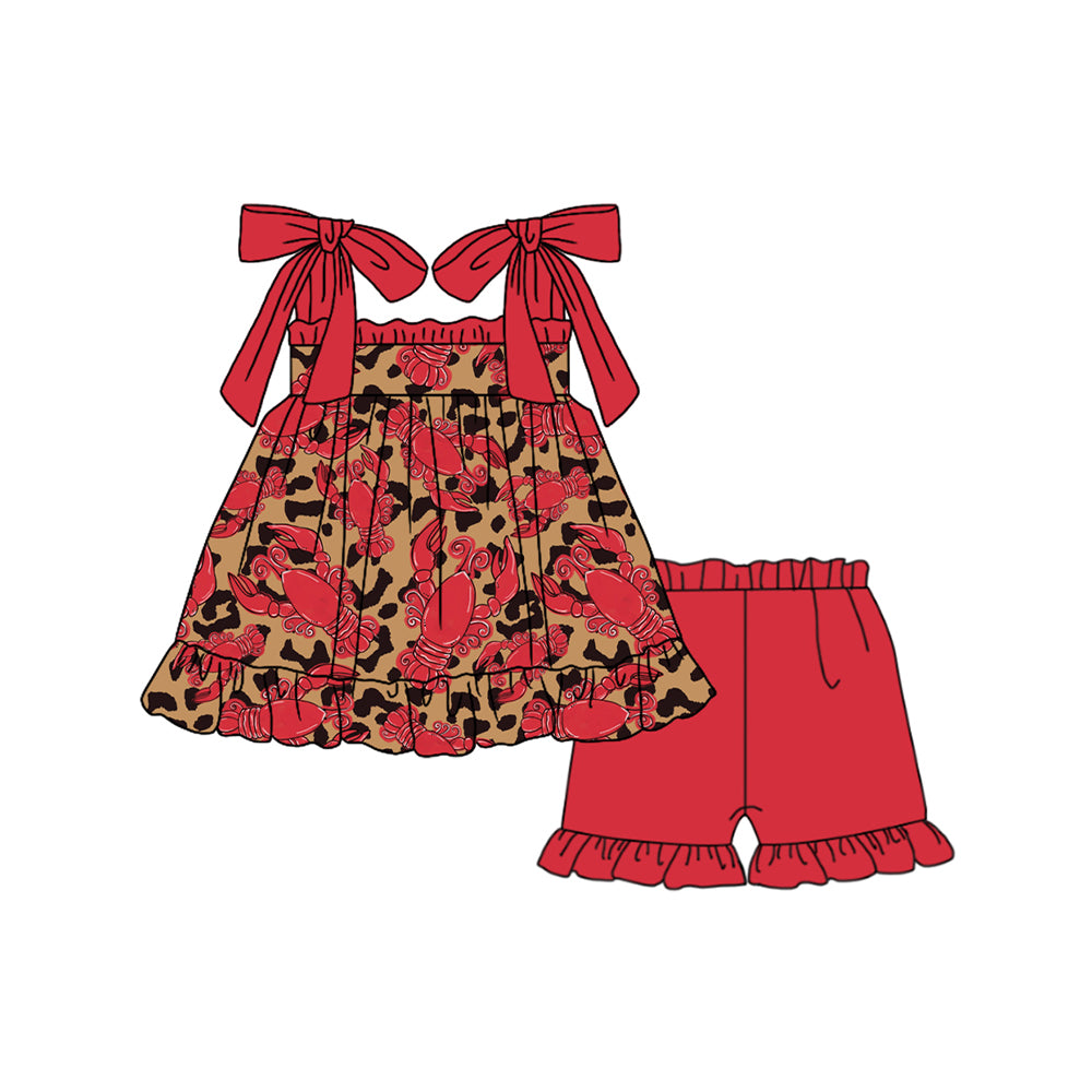 Baby Girls Red Strap Crayfishes Leopard Print Tunic Ruffle Shorts Mardi Gras Set Preorder