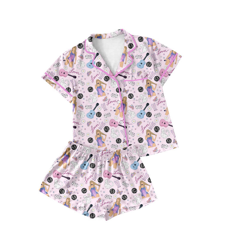 Adult Women Lavender Button Down Guitars Singer Print Top Shorts Mama Pajamas Set Preorder