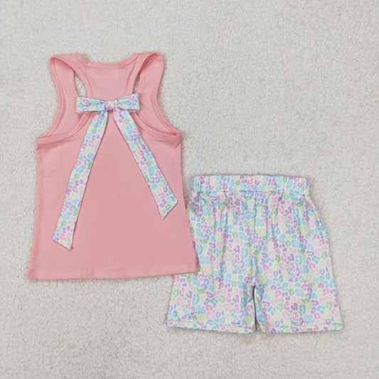 Baby Girls Pink Sleeveless Backless Bow Pocket Top Floral Ruffle Shorts Set