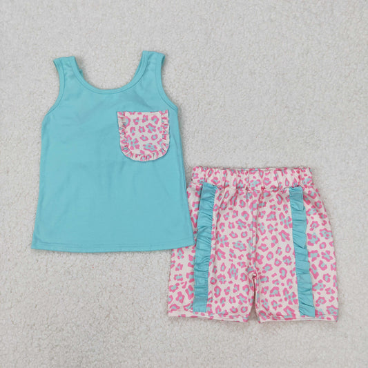 Baby Girls Aqua Sleeveless Backless Bow Pocket Top Leopard Ruffle Shorts Set