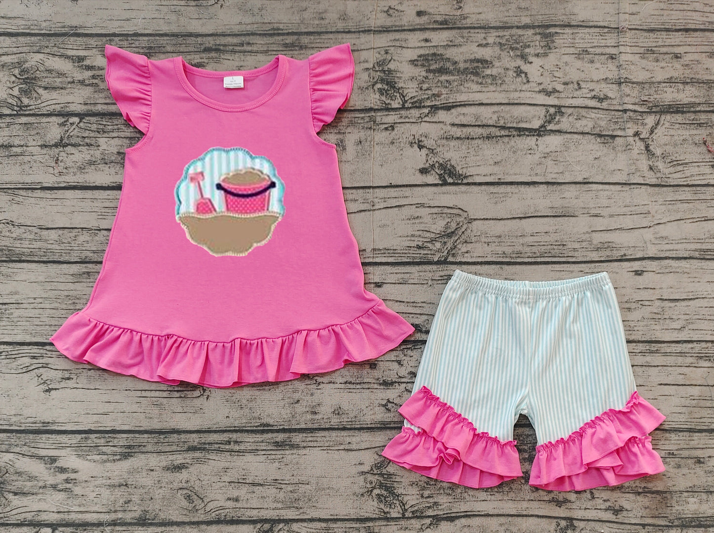 Baby Girls Pink Flutter Sleeves Embroidery Beach Print Tunic Aqua Stripe Ruffle Shorts Set Preorder