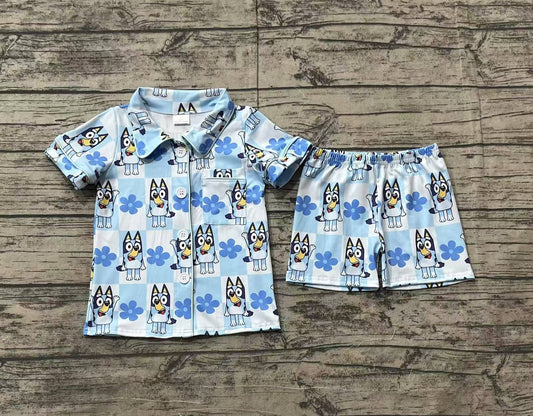 Baby Girls Blue Plaid Short Sleeves Button Down Cartoon Blue Dogs Top Shorts Pajamas Set Preorder