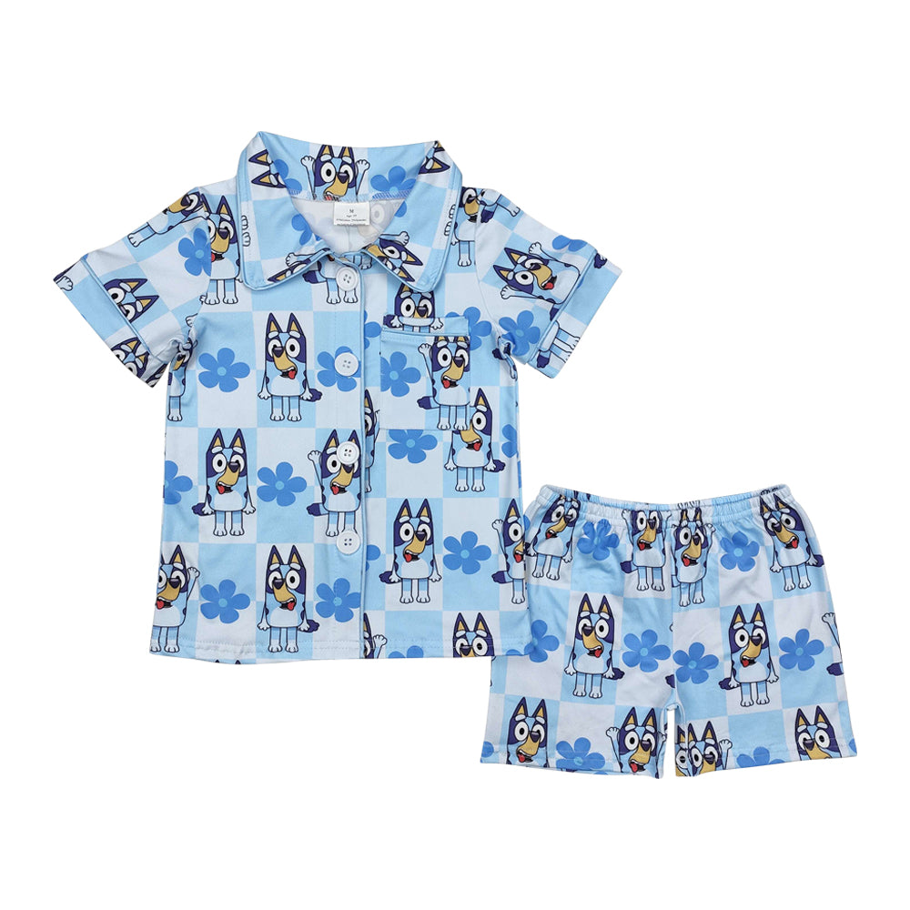 Sibling Mama And Me Peach Plaid Short Sleeves Button Down Cartoon Blue Dogs Top Shorts Pajamas Set