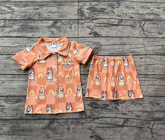 Baby Girls Peach Plaid Short Sleeves Button Down Cartoon Blue Dogs Top Shorts Pajamas Set Preorder