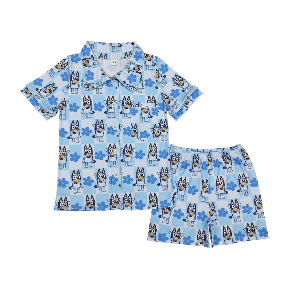 Sibling Mama And Me Peach Plaid Short Sleeves Button Down Cartoon Blue Dogs Top Shorts Pajamas Set