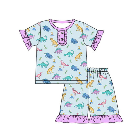 Baby Girls Lavender Short Ruffle Sleeves Dinosaurs Top Shorts Pajamas Set Preorder