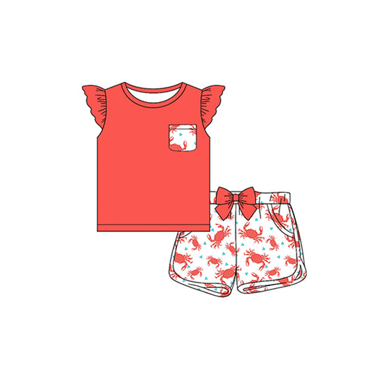 Baby Girls Red Flutter Sleeves Pocket Top Bow Crabs Shorts Set Preorder