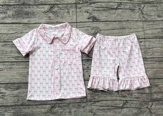 Baby Girls Short Sleeves Pink Bows Button Down Pocket Top Shorts Pajamas Set Preorder