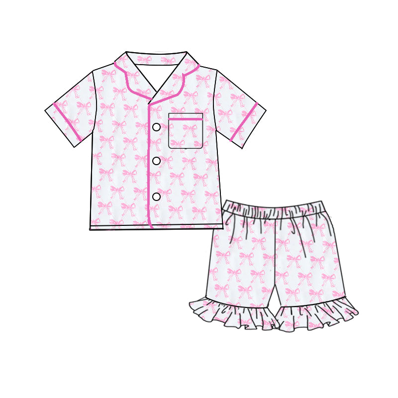 Adult Women Short Sleeves Button Down Pink Bows Pocket Top Shorts Pajamas Set Preorder