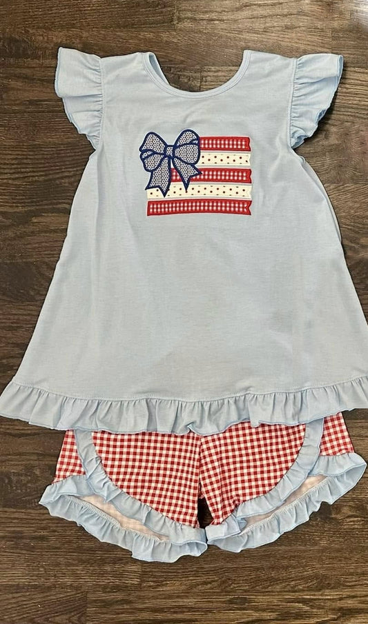 Baby Girls Gray Flutter Sleeves Red Plaid Bow Top Ruffle Shorts 4th Of July Set Preorder