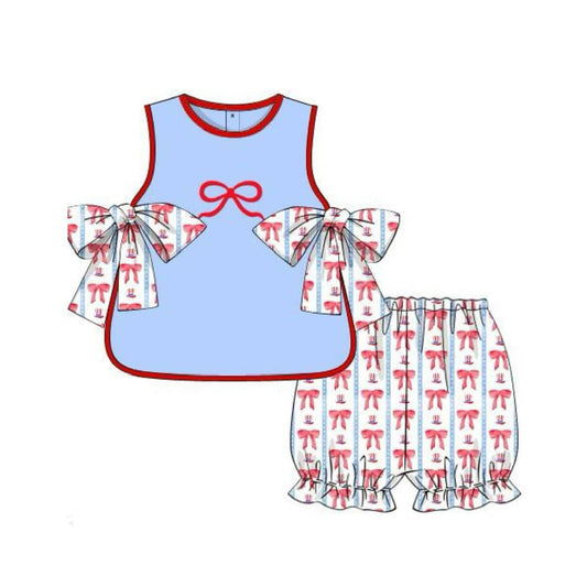 Baby Girls Sleeveless Bows Top Ruffle Stripe Shorts Set Preorder