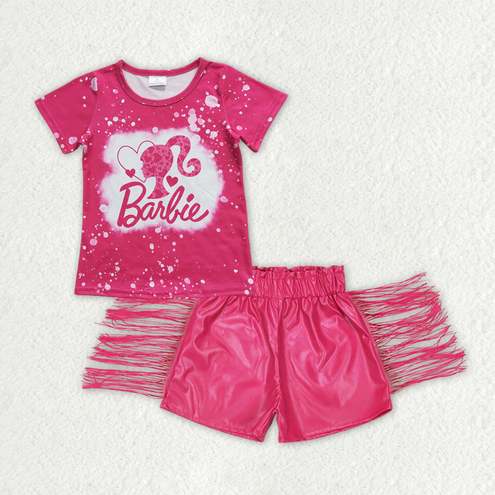 Baby Girls Hot Pink Short Sleeves Girl Top Tassel Leather Shorts Valentines Set