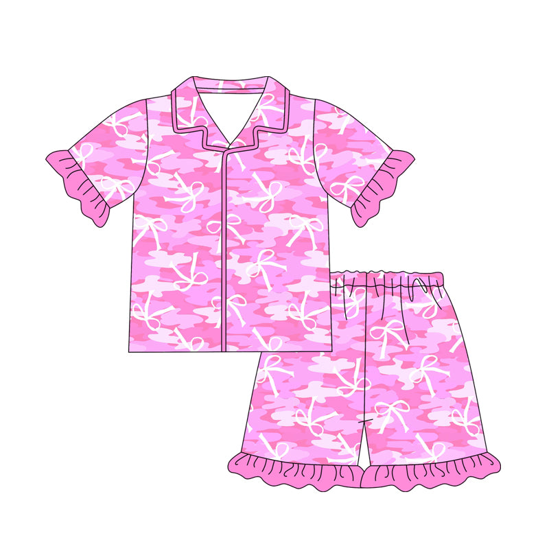 Adult Women Short Ruffle Sleeves Pink Bows Print Top Shorts Valentines Pajamas Set Preorder