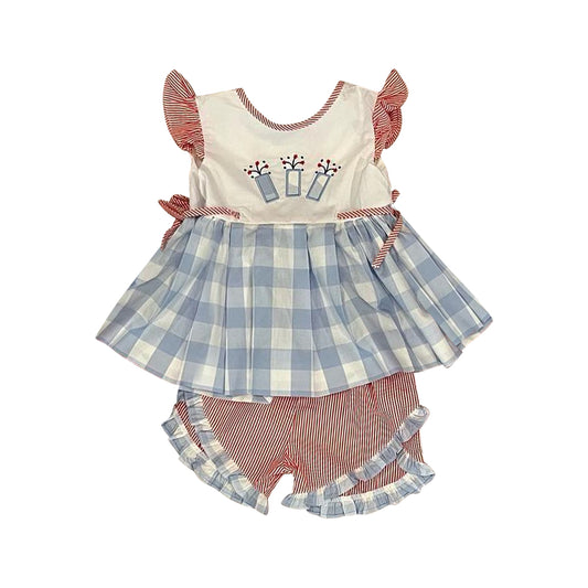 Baby Girls Red Stripe Flutter Sleeves Firework Blue Plaid Tunic Ruffle Short 4th Of July Set Preorder