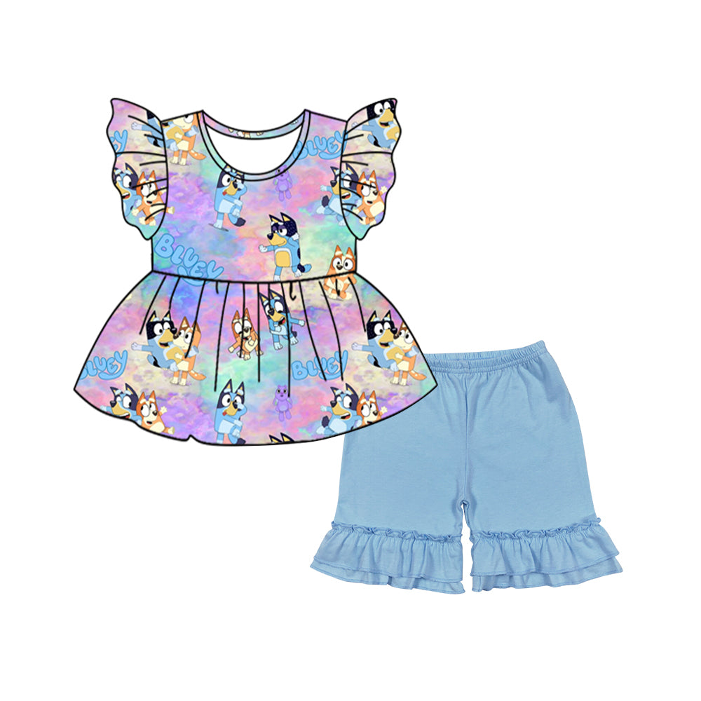 Baby Girls Lavender Flutter Sleeves Cartoon Blue Dogs Tunic Blue Ruffle Short Set Preorder