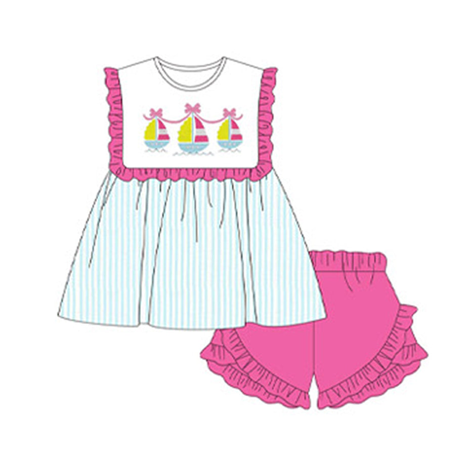 Baby Girls Hot Pink Ruffle Sleeves Bow Boats Aqua Stripe Tunic Ruffle Short ValentinesSet Preorder