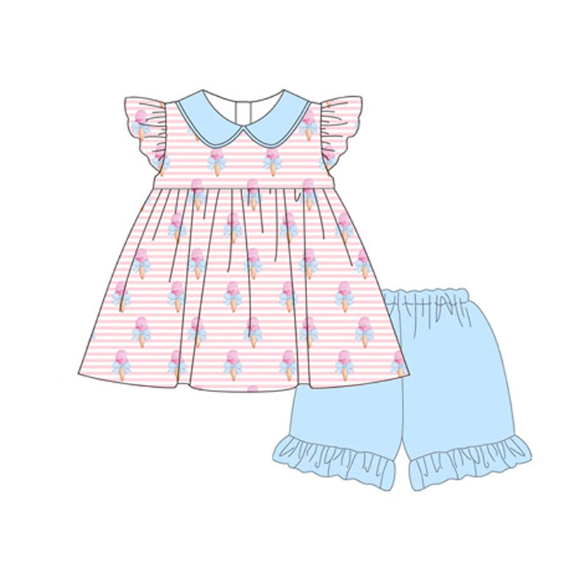 Baby Girls Pink Stripe Flutter Sleeves Ice Cream Tunic Blue Ruffle Short Valentines Set Preorder