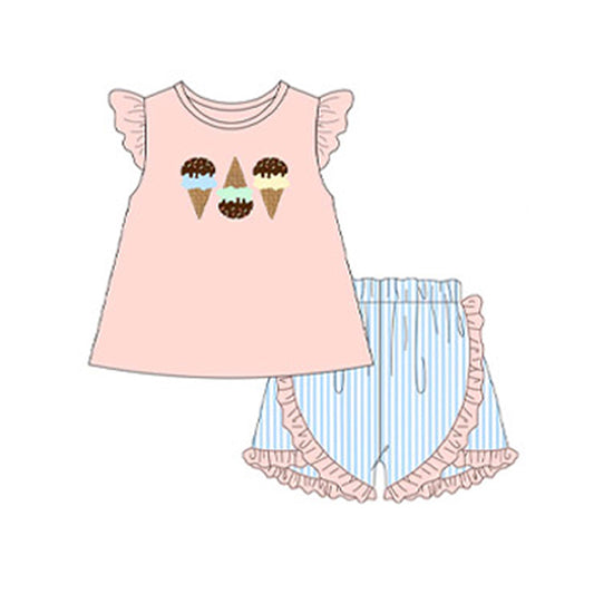 Baby Girls Peach Flutter Sleeves Ice Cream Tunic Blue Stripe Ruffle Short Valentines Set Preorder