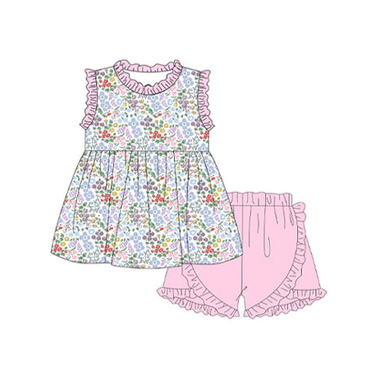 Baby Girls Ruffle Sleeveless Lavender Floral Tunic Ruffle Short Valentines Set Preorder