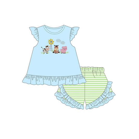 Baby Girls Blue Flutter Sleeves Cows Pig Tunic Aqua Stripe Ruffle Short Farm Set Preorder