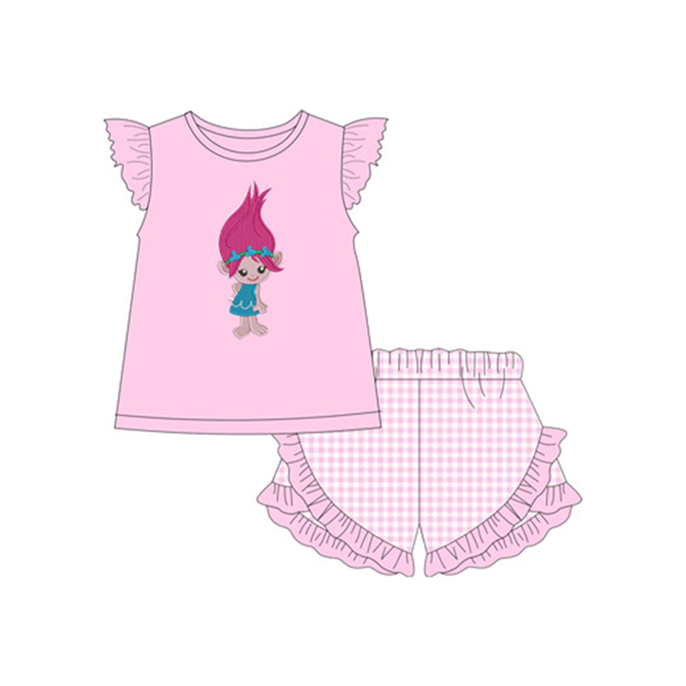 Baby Girls Pink Flutter Sleeves Cartoon Long Hair Tunic Plaid Ruffle Short Set Preorder