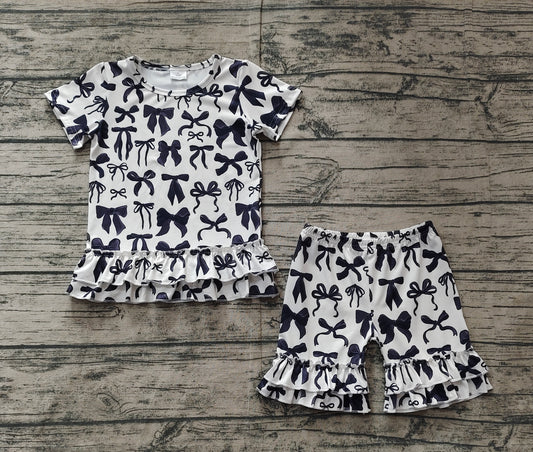 Baby Girls Short Sleeves Black Bows Tunic Ruffle Short Valentines Set Preorder