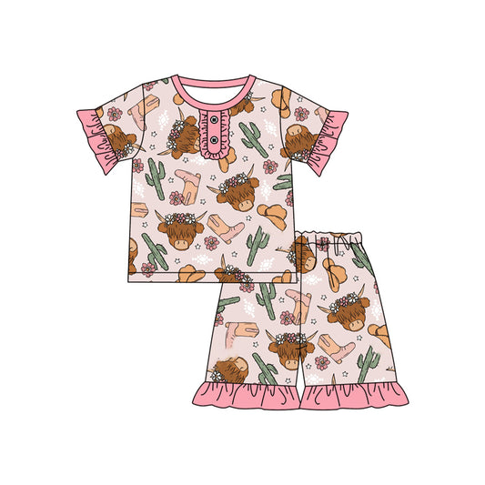 Baby Girls Pink Short Ruffle Sleeves Highland Coes Cactus Button Down Top Short Western Pajamas Set Preorder