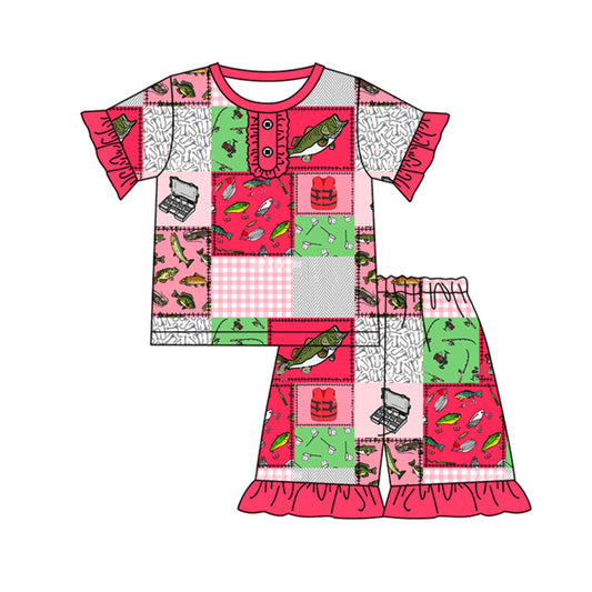 Baby Girls Red Short Ruffle Sleeves Plaid Fishing Button Down Top Short Hunting Pajamas Set Preorder