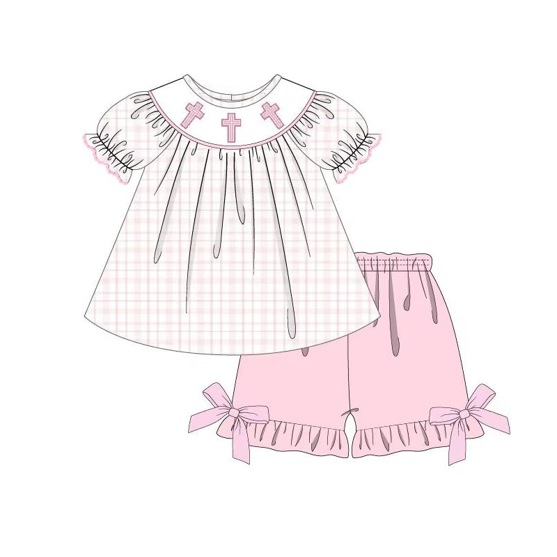 Baby Girls Pink Plaid Short Ruffle Sleeves Cross Tunic Short Easter Set Preorder