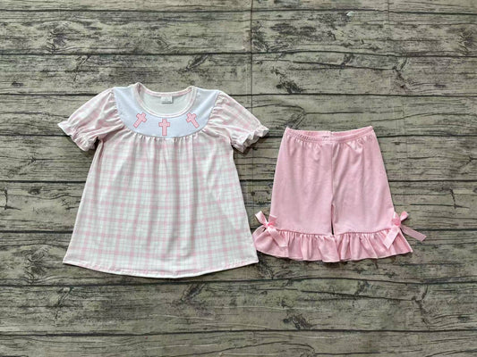 Baby Girls Pink Plaid Short Ruffle Sleeves Embroidery Cross Tunic Short Easter Set Preorder