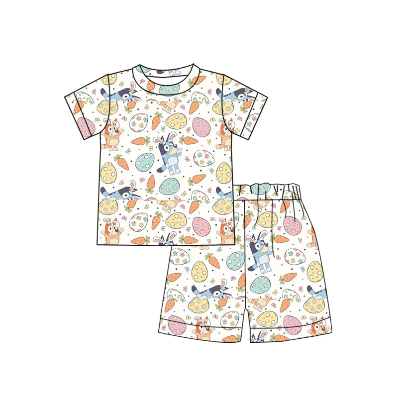 Baby Girls Short Sleeves Cartoon Dogs Carrots Eggs Top Short Easter Pajamas Set Preorder