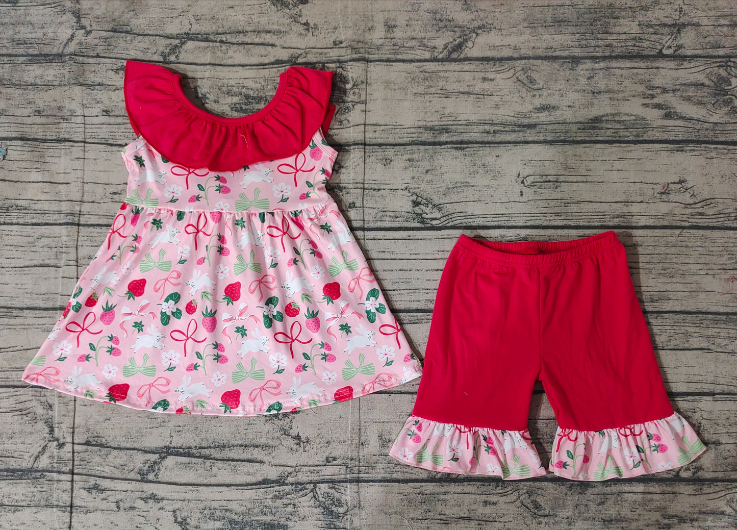 Baby Girls Red Sleeveless Bunny Strawberry Tunic Ruffle Shorts Easter Set Preorder