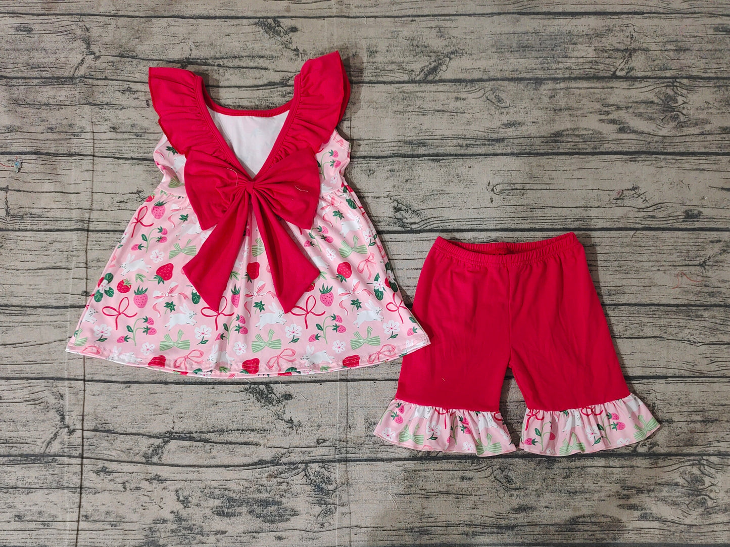 Baby Girls Red Sleeveless Bunny Strawberry Tunic Ruffle Shorts Easter Set Preorder