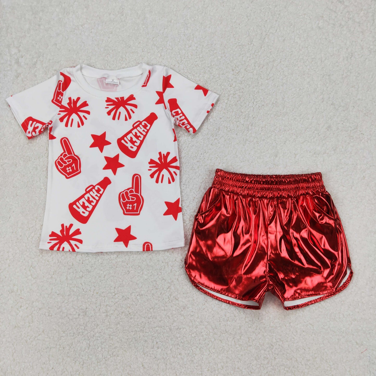 Sibling Baby Girls Cheer Team Tops Metallic Shorts Clothes Sets