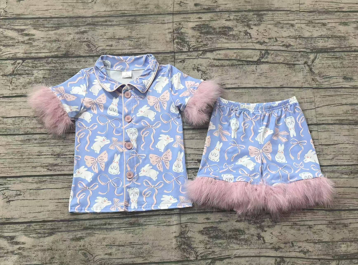 Baby Girls Lavender Short Sleeves With Fur Button Down Bunny Top Short Easter Pajamas Set Preorder