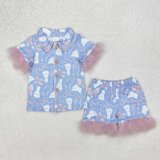Sibling Baby Girls Easter Rabbits Bows Fur Shirts Shorts Pajamas