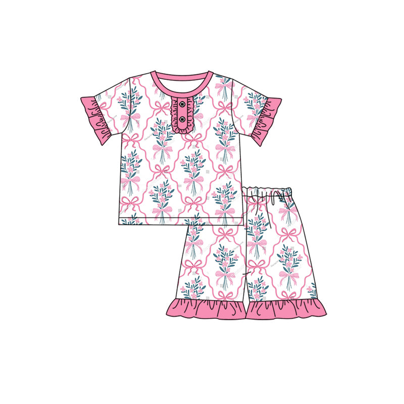 Baby Girls Pink Short Ruffle Sleeves Bows Floral Button Down Top Short Valentines Pajamas Set Preorder