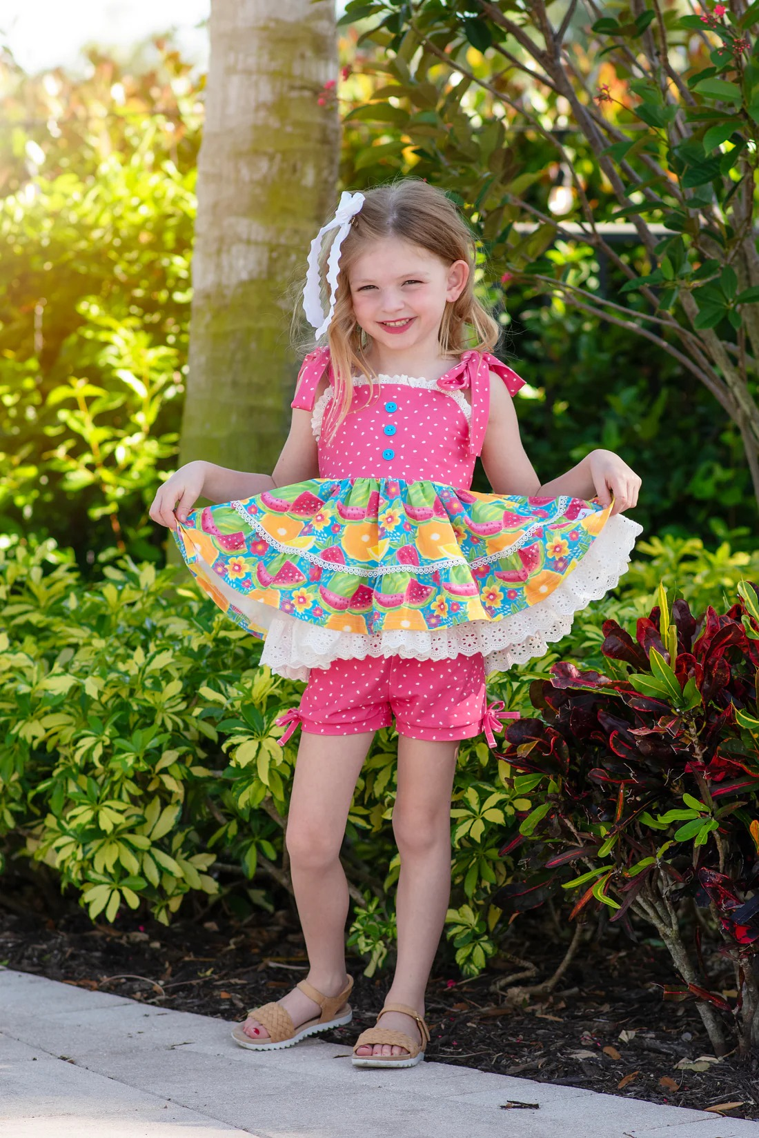 Baby Girls Pink Polka Dots Strap Button Down Watermelon Lace Tunic Short Set Preorder