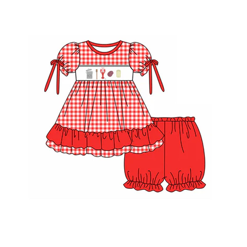 Baby Girls Red Plaid Short Ruffle Sleeves Crayfishes Tunic Short Mardi Gras Set Preorder