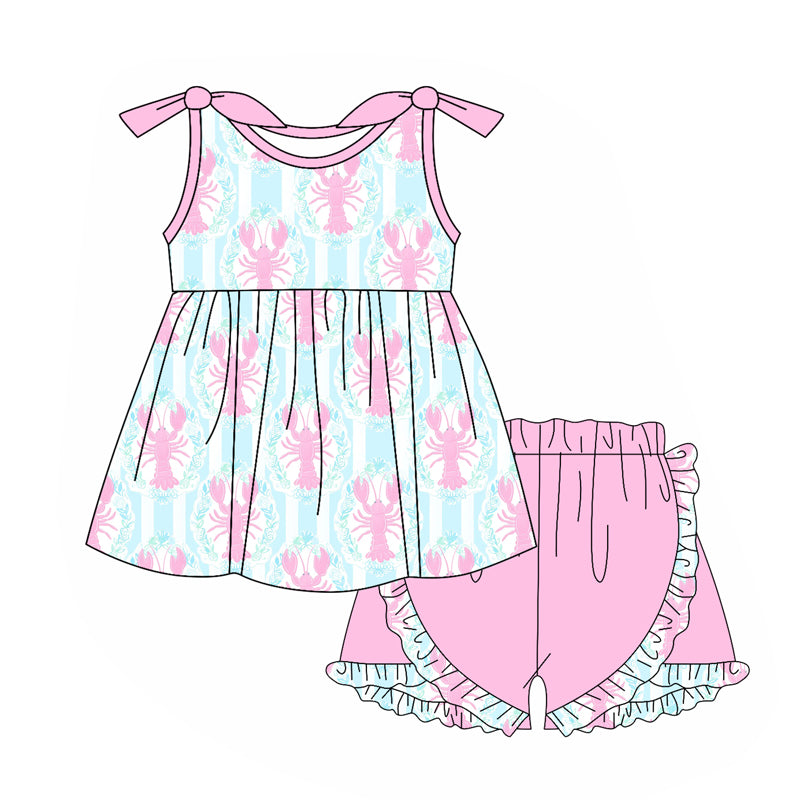 Baby Girls Light Pink Bows Sleeveless Crayfishes Tunic Ruffle Short Set Preorder