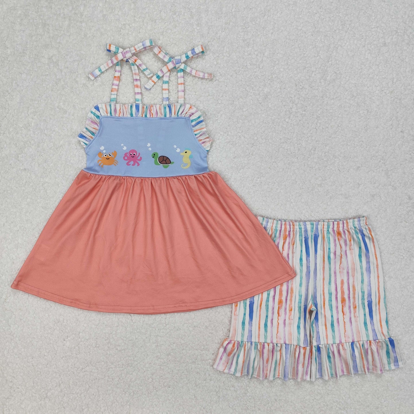 Baby Girls Stripe Strap Crabs Blue Peach Patchwork Tunic Ruffle Shorts Set